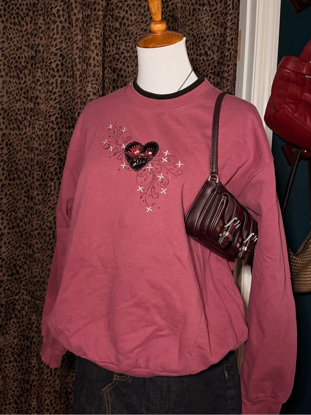 Embroidered Heart Burgundy Crewneck Sweatshirt